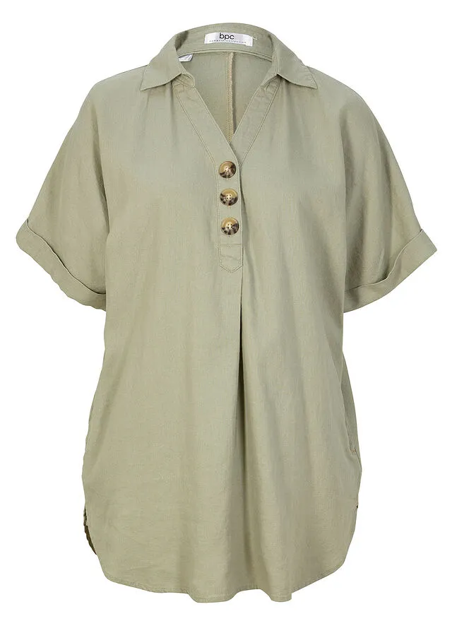 Blusa larga de lino con botones Verde