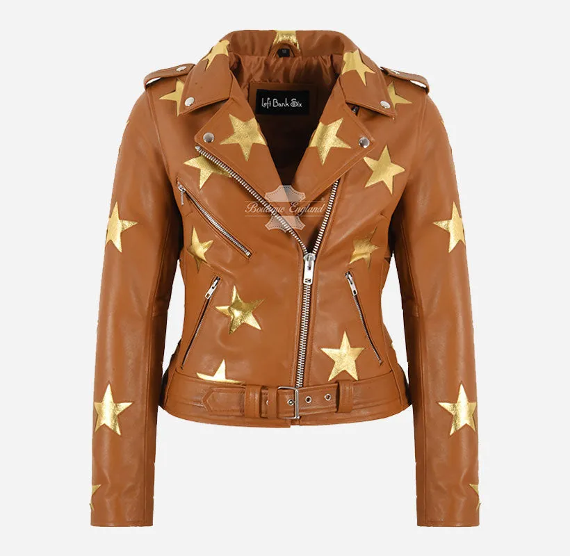 BRANDO STAR Women's Biker Leather Jacket with Stars