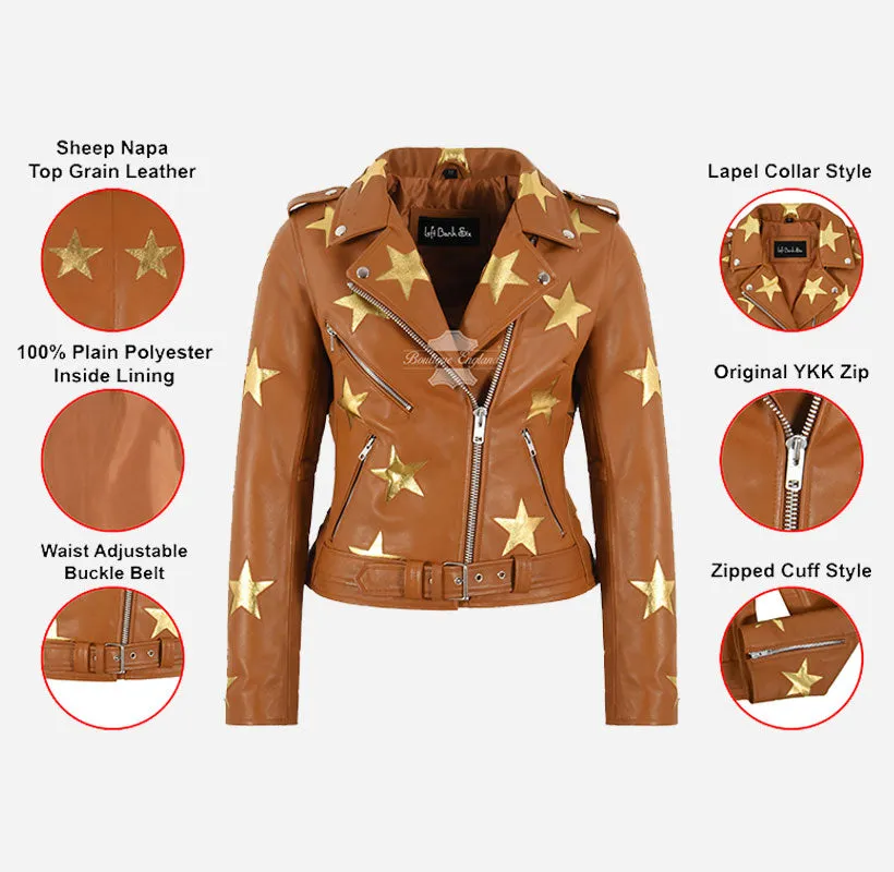 BRANDO STAR Women's Biker Leather Jacket with Stars