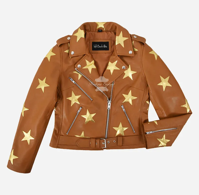 BRANDO STAR Women's Biker Leather Jacket with Stars