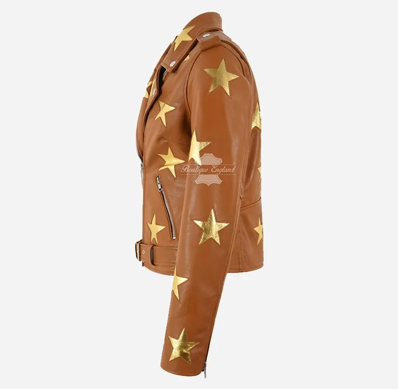 BRANDO STAR Women's Biker Leather Jacket with Stars