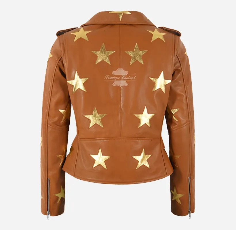 BRANDO STAR Women's Biker Leather Jacket with Stars