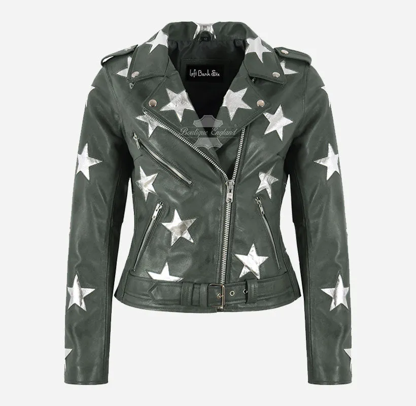 BRANDO STAR Women's Biker Leather Jacket with Stars