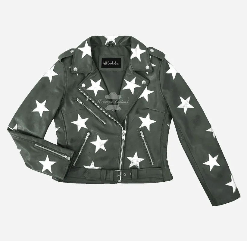 BRANDO STAR Women's Biker Leather Jacket with Stars