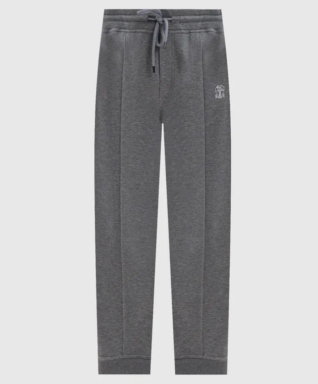 Brunello Cucinelli Gray melange cashmere joggers with logo print