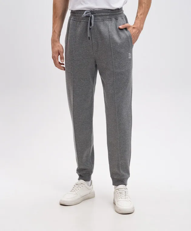 Brunello Cucinelli Gray melange cashmere joggers with logo print