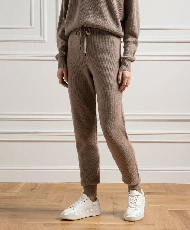 Peserico Brown wool, silk and cashmere joggers with monil chain