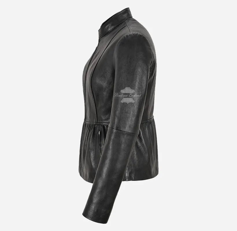 Shirred Waist Ladies Leather Glamour Jacket Black Real Leather Jacket